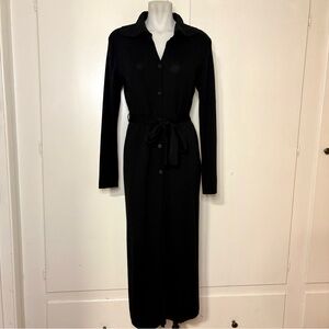 Vintage 90s Black Ribbed Knit Belted Long Button Up Collared Cardigan Duster